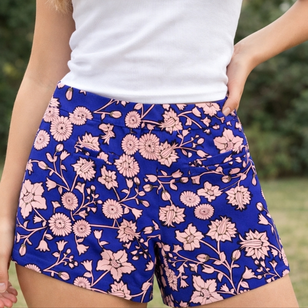 J.Crew Blue Pink Floral Cotton Shorts Size 8 Preppy Cottagecore Summer Resort